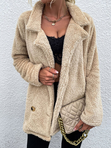 ISALUX Button Reversible Trench Coat Women's Solid Color Pocket Loose Long  Sleeve Woolen Coat Coat (Color : Apricot, Size : Medium)